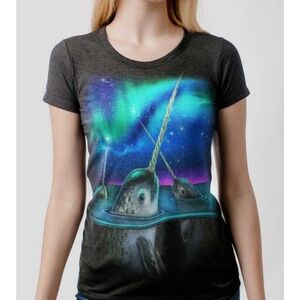 I Believe in Narwhals Galaxy Aurora Graphic Tee Curbside Heather Black